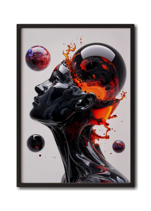 Mockup of a glass portrait combining grey and red hues, creating a striking contrast in tones, planet colliding with head presented in a sleek black frame