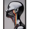 Mockup of a futuristic silver cyborg with vibrant rainbow wiring visible through its jaw in a sleek black frame