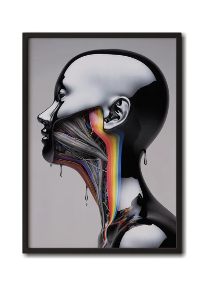 Mockup of a futuristic silver cyborg with vibrant rainbow wiring visible through its jaw in a sleek black frame