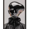 Mockup of silver chrome mirror figure with an abstractly shaped head reflecting distorted surroundings inside a sleek black frame