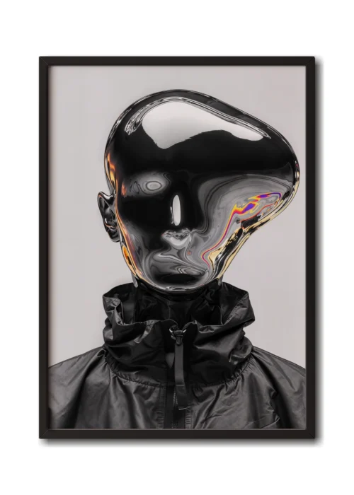 Mockup of silver chrome mirror figure with an abstractly shaped head reflecting distorted surroundings inside a sleek black frame