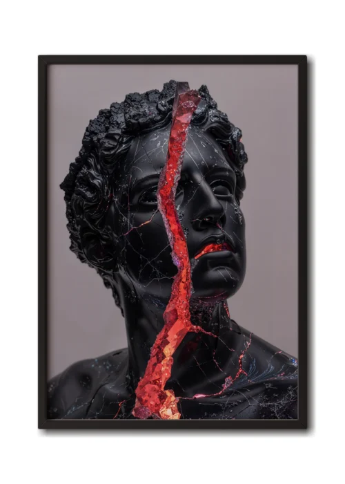 Mockup of a black Roman-style statue cracked open to reveal glowing red crystals inside in a sleek black frame