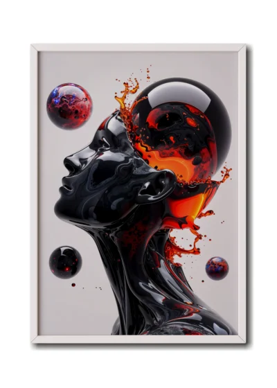 Mockup of a glass portrait combining grey and red hues, creating a striking contrast in tones, planet colliding with head presented in a sleek white frame