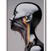 Mockup of a futuristic silver cyborg with vibrant rainbow wiring visible through its jaw in a sleek white frame