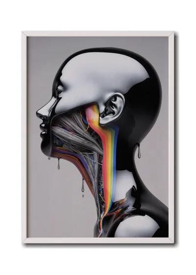 Mockup of a futuristic silver cyborg with vibrant rainbow wiring visible through its jaw in a sleek white frame