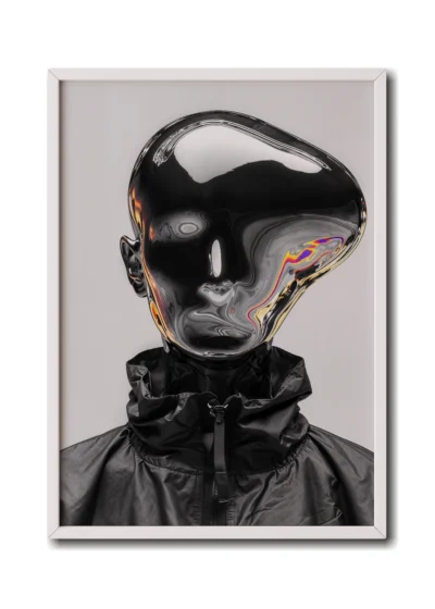 Mockup of silver chrome mirror figure with an abstractly shaped head reflecting distorted surroundings inside a sleek white frame