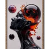 Mockup of a glass portrait combining grey and red hues, creating a striking contrast in tones, planet colliding with head presented in a sleek wood frame