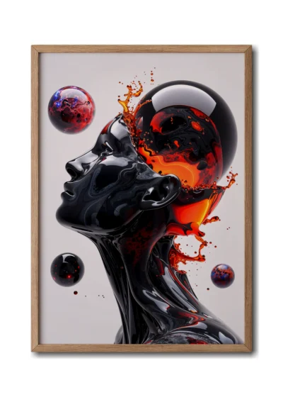 Mockup of a glass portrait combining grey and red hues, creating a striking contrast in tones, planet colliding with head presented in a sleek wood frame