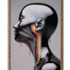 Mockup of a futuristic silver cyborg with vibrant rainbow wiring visible through its jaw in a sleek wood frame