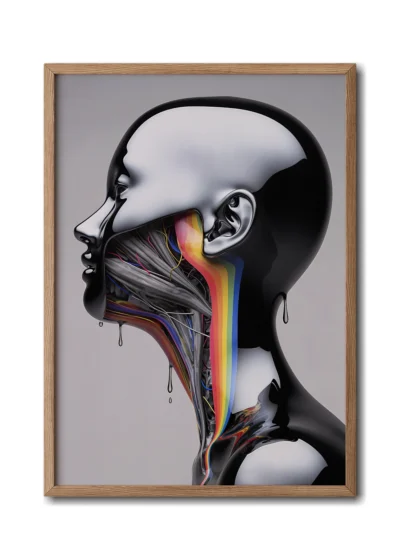 Mockup of a futuristic silver cyborg with vibrant rainbow wiring visible through its jaw in a sleek wood frame