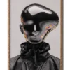 Mockup of silver chrome mirror figure with an abstractly shaped head reflecting distorted surroundings inside a sleek wood frame