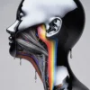 A futuristic silver cyborg with vibrant rainbow wiring visible through its jaw