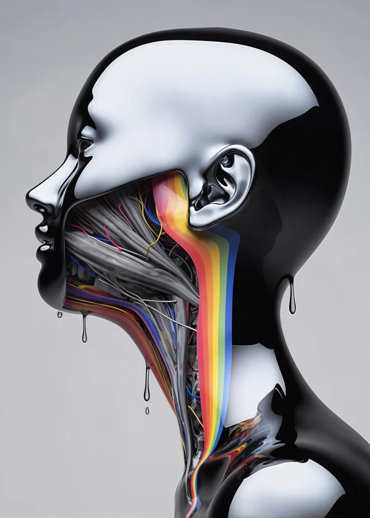 A futuristic silver cyborg with vibrant rainbow wiring visible through its jaw