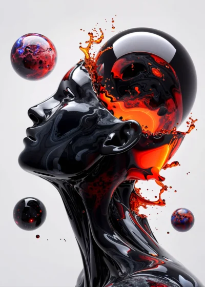 A glass portrait combining grey and red hues, creating a striking contrast in tones, planet colliding with head