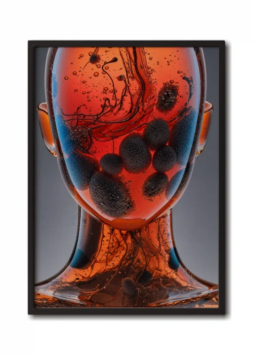 Mockup of a close-up of a glass figure filled with microscopic amoebas and algae, glowing with organic details showcased inside a sleek black frame