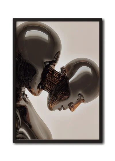 Mockup of a coffee-brown glass cyborg with visible internal wiring illuminated with warm tones in a sleek black frame