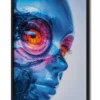 Mockup of a blue glass cyborg with oversized glowing orange eyes, showcasing a futuristic design in a sleek black frame