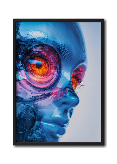 Mockup of a blue glass cyborg with oversized glowing orange eyes, showcasing a futuristic design in a sleek black frame