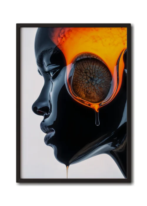 Mockup of a black glass side profile of a woman with an embryo glowing inside her head in a sleek black frame