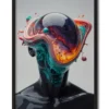 Mockup of a glass figure with a luminous planet colliding with his head, surrounded by vibrant energy inside a sleek black frame