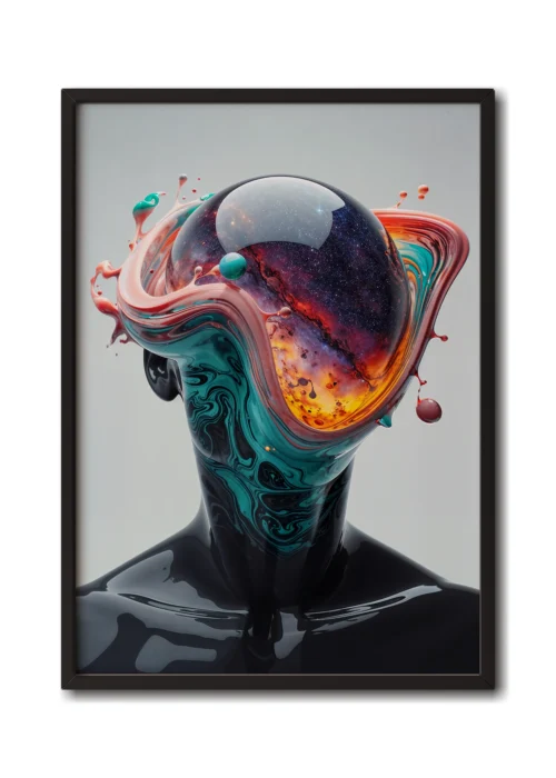 Mockup of a glass figure with a luminous planet colliding with his head, surrounded by vibrant energy inside a sleek black frame