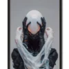 Mockup inside sleek black frame, a cyborg with a milk-glass dome head, surrounded by ethereal ghost-like arms