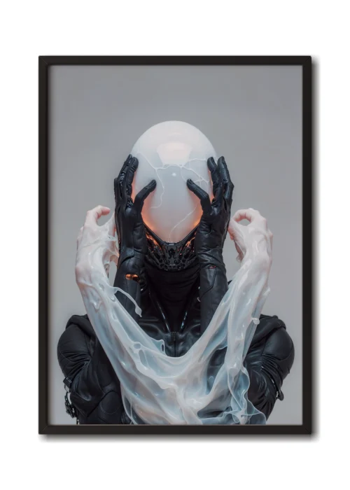 Mockup inside sleek black frame, a cyborg with a milk-glass dome head, surrounded by ethereal ghost-like arms