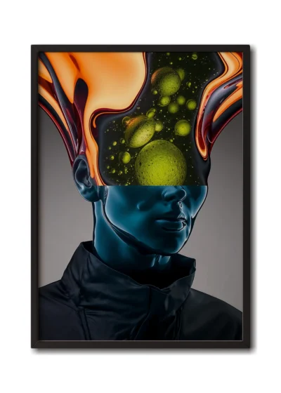 Mockup of a turquoise glass figure with fluid waves of liquid glass radiating from its dome, presented inside a sleek black frame