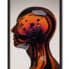 Mockup of glass portrait with an orange dome filled with intricate bubbles and liquid patterns, presented in a sleek black frame