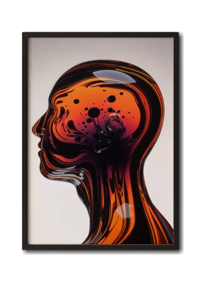 Mockup of glass portrait with an orange dome filled with intricate bubbles and liquid patterns, presented in a sleek black frame