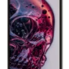 Mockup of close-up of a purple glass skull with intricate details of bubbles and liquid textures inside displayed in black frame