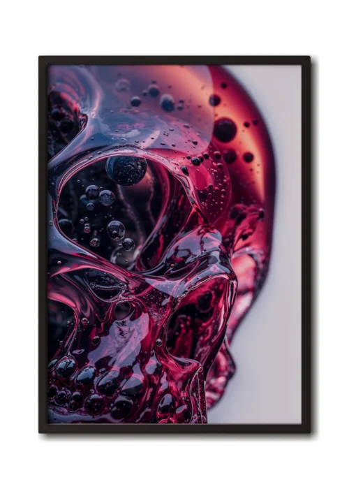 Mockup of close-up of a purple glass skull with intricate details of bubbles and liquid textures inside displayed in black frame