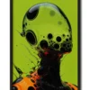 Mockup in a sleek black frame of a side profile of a figure made of black and green glass, with sleek, reflective surfaces