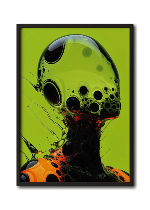 Mockup in a sleek black frame of a side profile of a figure made of black and green glass, with sleek, reflective surfaces