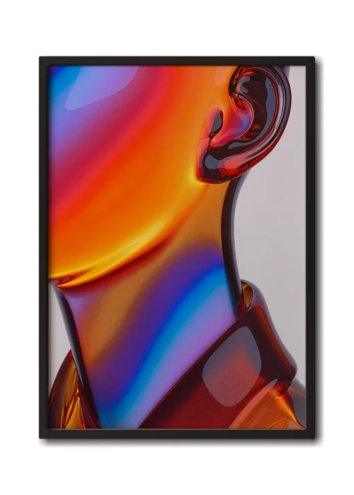 Mockup of a close-up of a colorful glass figure with refracted light and intricate patterns in a sleek black frame