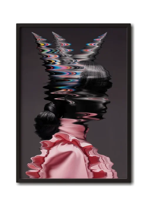 Mockup of a glitch-style side profile of a woman in pink clothes, with distorted digital effects in a sleek black frame