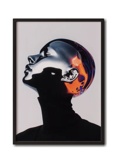 Mockup of grainy silver chrome portrait of a woman in a black turtleneck, exuding a futuristic aesthetic, inside an elegant black frame