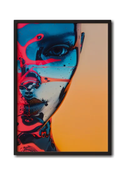 Mockup of a half-face glass portrait adorned with colorful splatters of paint and oil, inside a slim black frame