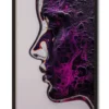 Mockup of glass woman in profile with a purple moonlike landscape etched across her face, inside a sleek black frame