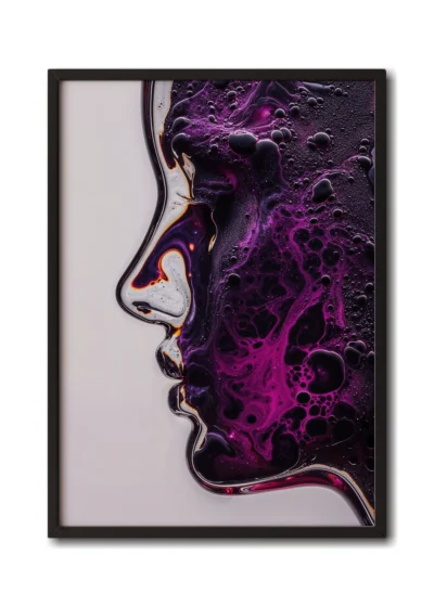 Mockup of glass woman in profile with a purple moonlike landscape etched across her face, inside a sleek black frame