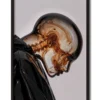 Mockup of a coffee-brown glass figure with marbled textures, dressed in a black hoodie presented in a black frame