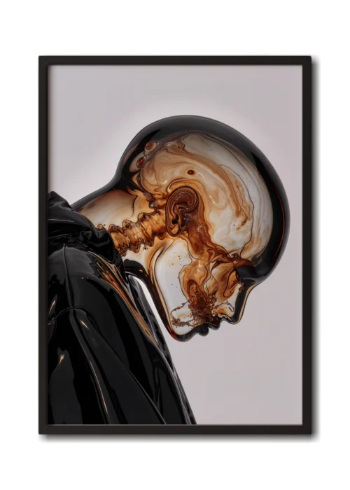 Mockup of a coffee-brown glass figure with marbled textures, dressed in a black hoodie presented in a black frame