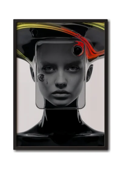 Mockup of a woman gazing through a glass visor with a marbled glass dome above her head presented in a beautiful black frame