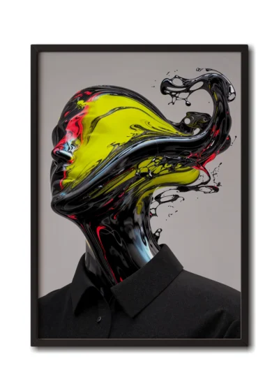 Mockup inside a slim black frame showcasing a neon glass figure with flowing waves of liquid glass streaming from the head