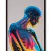 Mockup inside elegant black frame, neon-style illustration of a skeleton glowing in vibrant electric colors