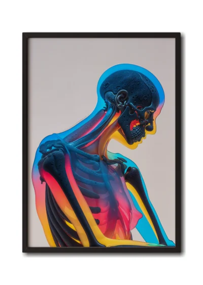 Mockup inside elegant black frame, neon-style illustration of a skeleton glowing in vibrant electric colors