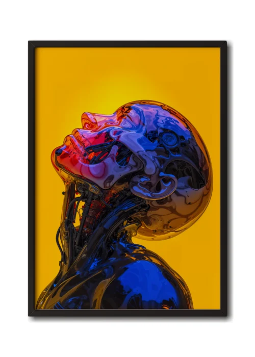 Mockup of a close-up view of a purple glass skull filled with intricate mevhnics and liquid patterns, showcased in an elegant black frame