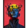 Mockup of glass man’s head colliding with a neon yellow planet, creating a vivid cosmic impact showcased inside a slim black frame