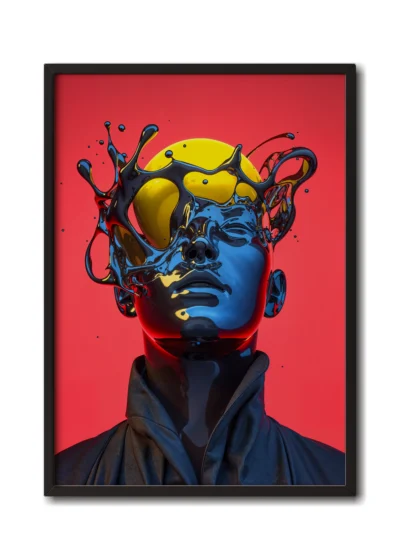 Mockup of glass man’s head colliding with a neon yellow planet, creating a vivid cosmic impact showcased inside a slim black frame