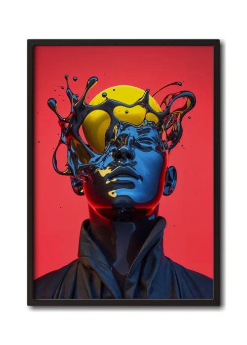 Mockup of glass man’s head colliding with a neon yellow planet, creating a vivid cosmic impact showcased inside a slim black frame